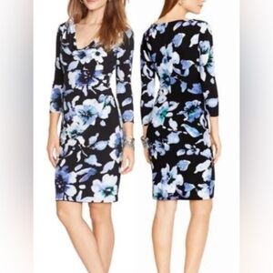 Lauren Ralph Lauren Dress Women Black Cowl Ruched Blue Floral Cocktail 8 Stretch